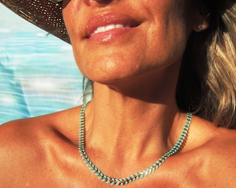 Türkis schlichte Goldkette, zierliche Choker, minimalistische Kette Boho Schmuck