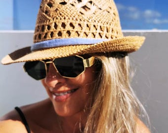 custom fedora straw crochet hat, coastal style festival outfit for summer