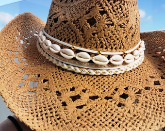 custom cowboy straw hat, coastal cowgirl western festival for summer with cowries