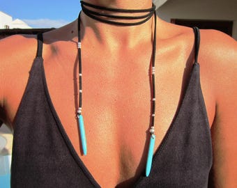 Statement silver beaded Necklace with turquoise • layered leather choker