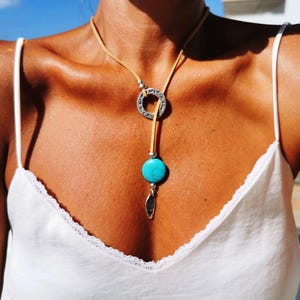Leather and Silver Beaded Lariat Necklace with turquoise stone • Handmade Boho Jewelry