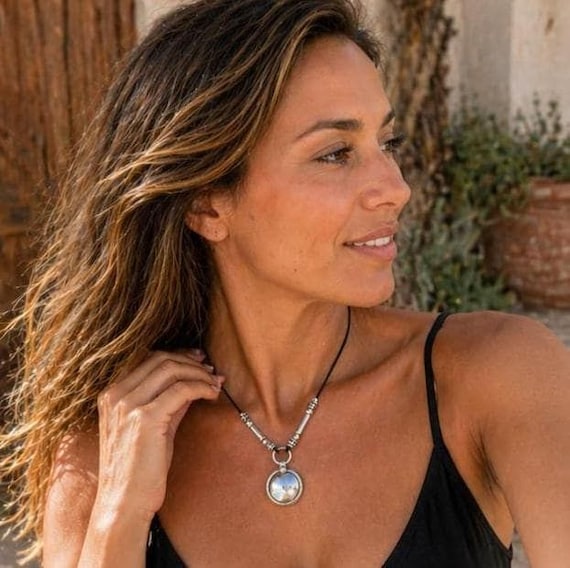 Statement Silver Chunky Pendant leather Necklace • Bohemian Jewelry