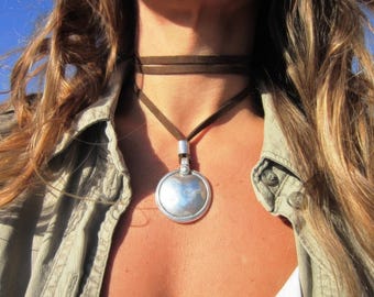 Statement Silver Chunky Pendant leather Necklace • layered Boho choker