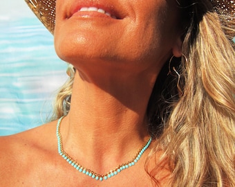 Türkis schlichte Goldkette, zierliche Choker, minimalistische Kette Boho Schmuck