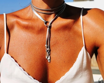 wrap silver leather Y lariat Necklace for couples • Bohemian Handmade Jewelry