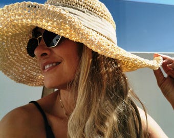 Handmade Boho Straw Sun Hat, wide brim Pamela sunhat for Women