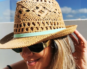 custom fedora straw crochet hat, coastal style festival outfit for summer