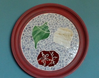 Mosaic, Mosaic Shells, Fushed Glass Shells, Wall Hanging, Home Decor, Red Frame, Sea Shells, Chic