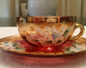 Venetian Ruby Glass, Demitasse Glass Cup And Saucer, Italian Ruby Glass, Vintage Ruby Glass