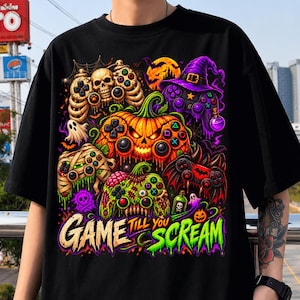 Game Till You Scream PNG, Halloween Gamer Controllers Pompoen Heks Zombie Skelet Ontwerp, Spooky Gaming Sublimatie Download
