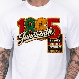 Può includere: T-shirt bianca con una grafica colorata che celebra il Juneteenth. Il design include il numero "1865" in rosso, verde e oro, con la parola "Juneteenth" in corsivo. Un riquadro rettangolare elenca "Storia, Cultura, Eccellenza, Rispetto."