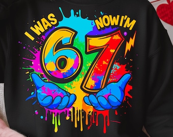 I Was 6 Now I Am 7 PNG Kids | Funny 7th Birthday Meme Design | Six Seven Meme Colorful Paint