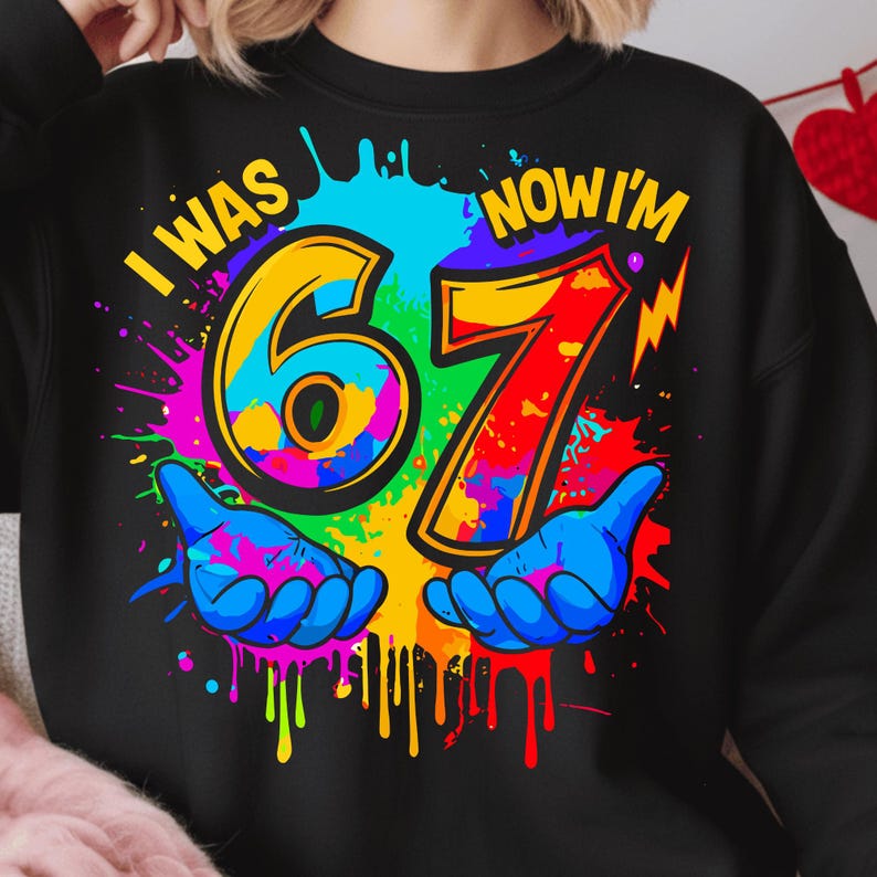 I Was 6 Now I Am 7 PNG Kids | Funny 7th Birthday Meme Design | Six Seven Meme Colorful Paint image 1