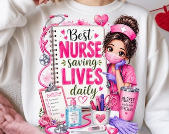 Best Nurse Saving Lives Daily PNG, Cute Nurse Mascot Clipart, Nursing School Graduation Sublimation, Pink Stethoscope Digital Download