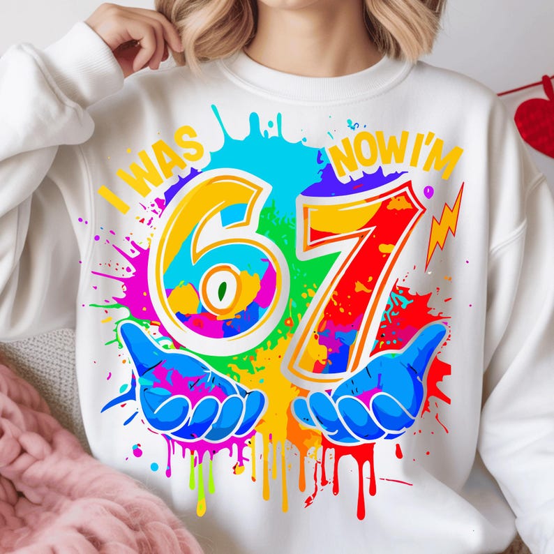 I Was 6 Now I Am 7 PNG Kids | Funny 7th Birthday Meme Design | Six Seven Meme Colorful Paint image 6