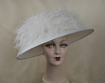 Kentucky Derby Hat, Ladies Edwardian Straw Hat, White Hat