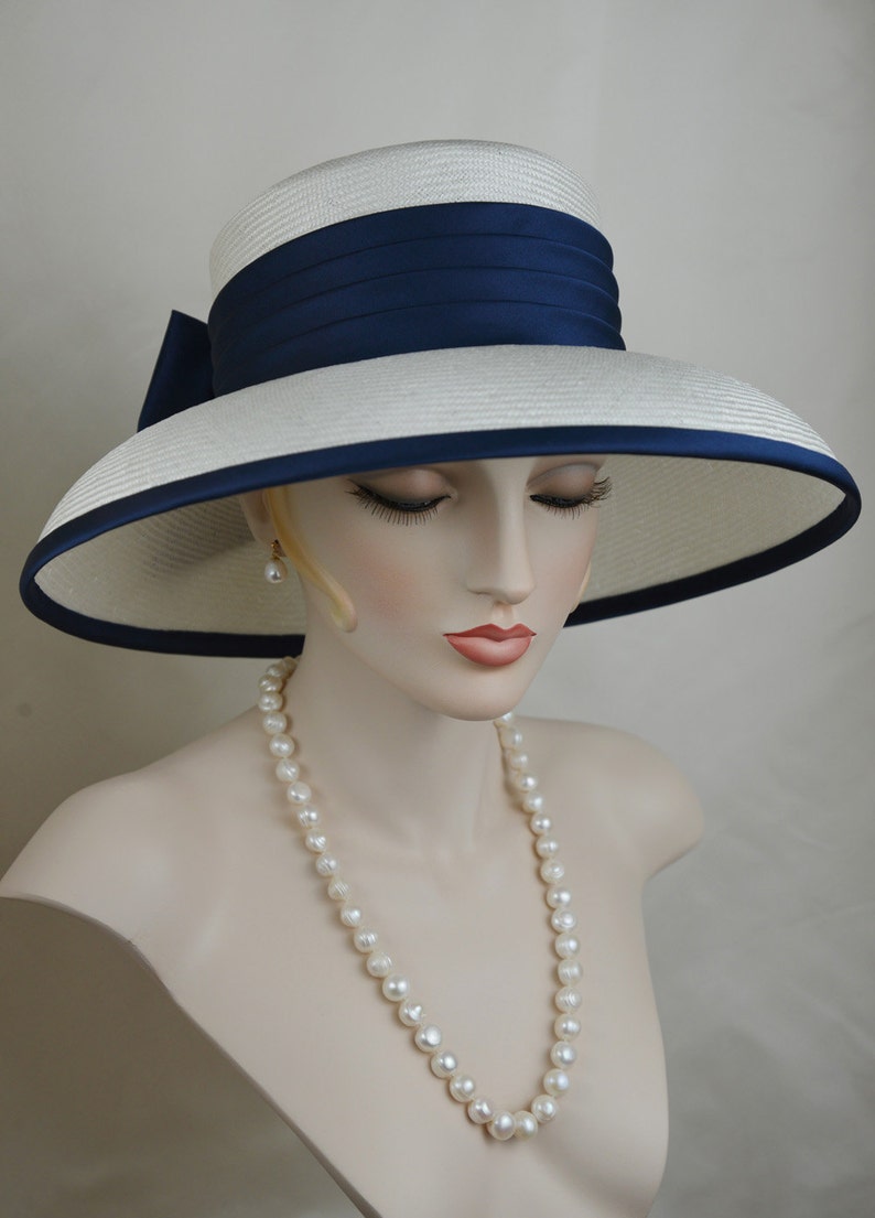 Ladies Elegant Navy Blue Silk Satin Straw Hat, Couture Hat, Designer Hat image 5