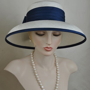 Ladies Elegant Navy Blue Silk Satin Straw Hat, Couture Hat, Designer Hat image 2