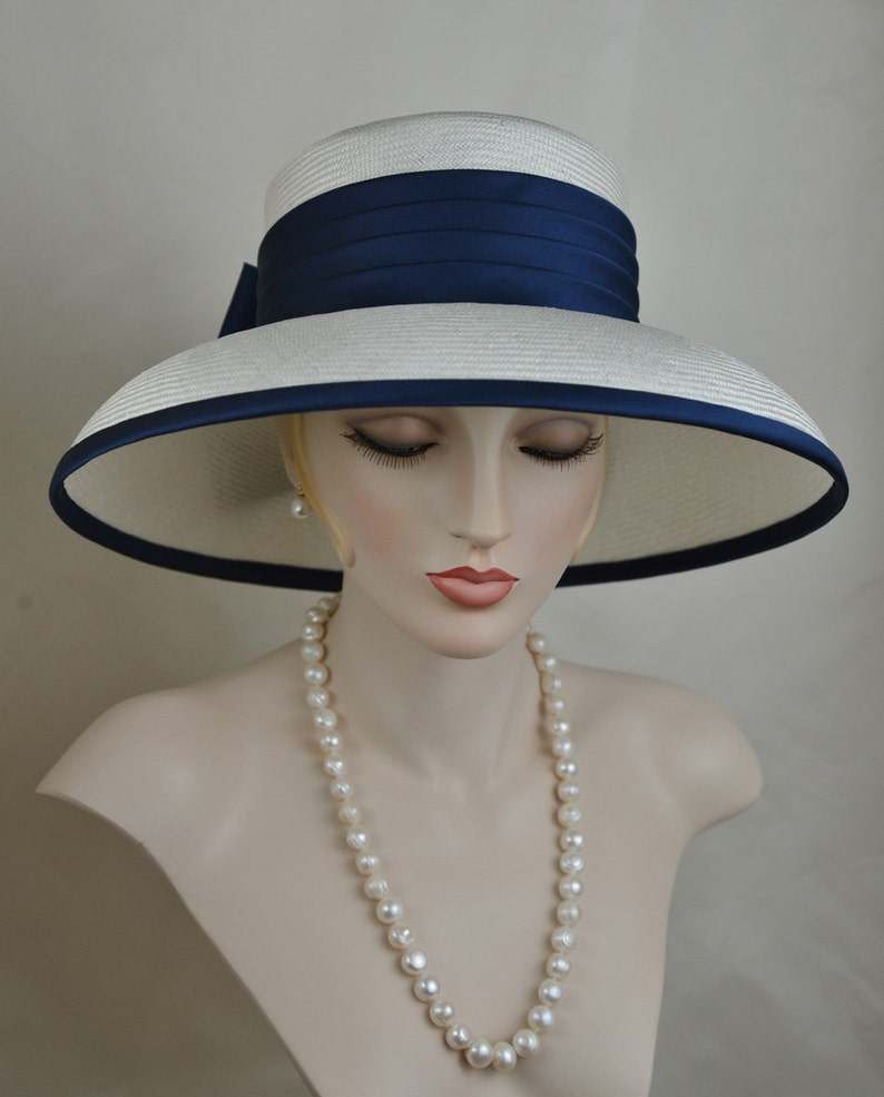 Ladies Elegant Navy Blue Silk Satin Straw Hat, Couture Hat, Designer Hat image 2