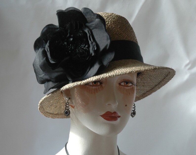 Ladies Straw Hat, Black Silk Rose image 3