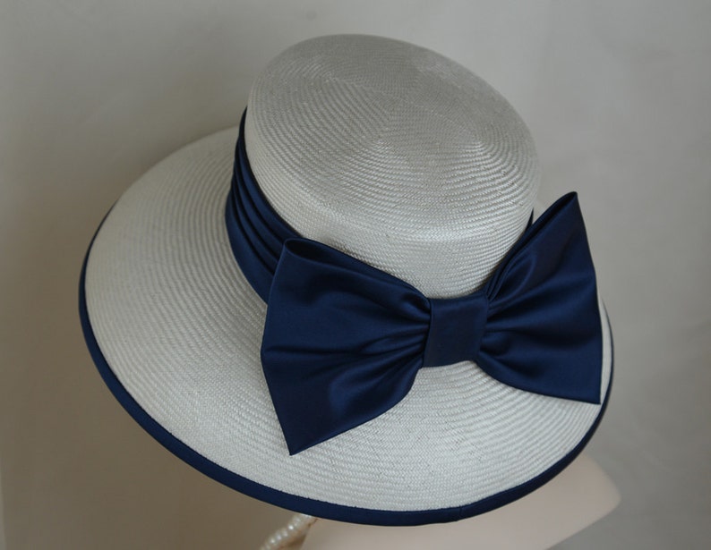 Ladies Elegant Navy Blue Silk Satin Straw Hat, Couture Hat, Designer Hat image 4