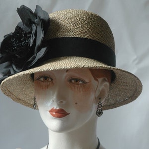 Ladies Straw Hat, Black Silk Rose image 1