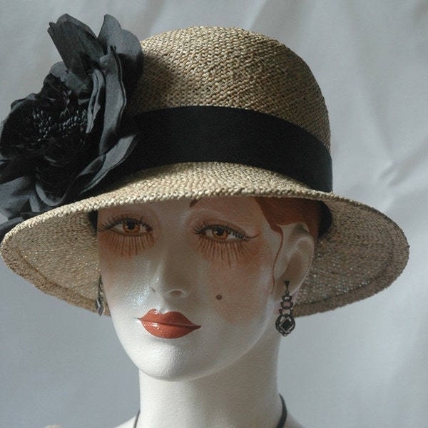 Ladies Straw Hat, Black Silk Rose