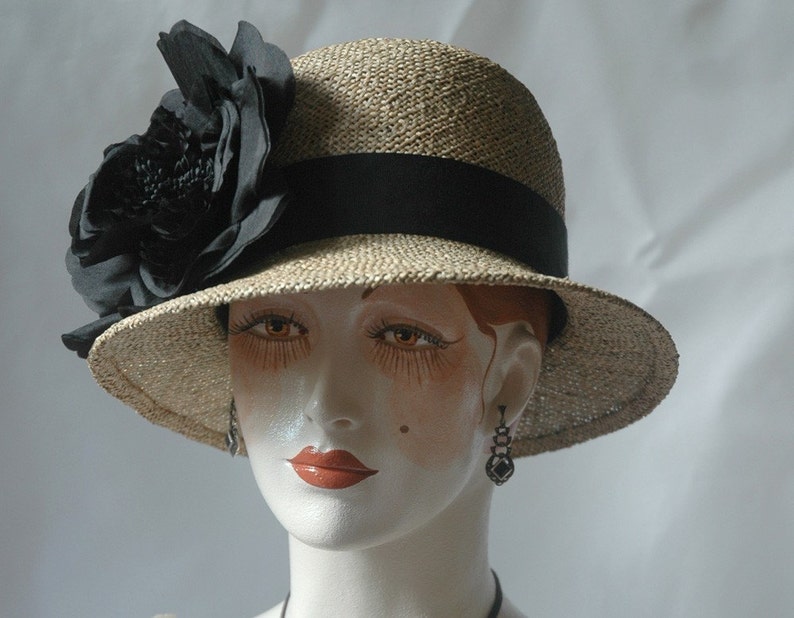 Ladies Straw Hat, Black Silk Rose image 1