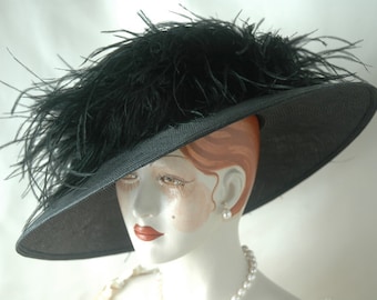 Cappello da donna edoardiano in paglia con piume, stile Downton Abbey, elegante cappello nero per il Kentucky Derby