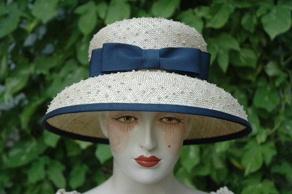 Natural straw color and navy blue grosgrain bow and trim. Straw Boater Hat With Navy Ribbon and Pom-pom - Sun Hat  main image 3