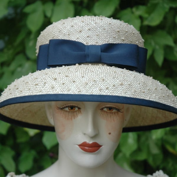 Ladies Straw Hat, Mushroom Brim, Double Bow