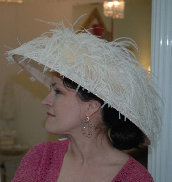 Handmade Pale Apricot Kentucky Derby Hat, Edwardian Feather  display picture 3