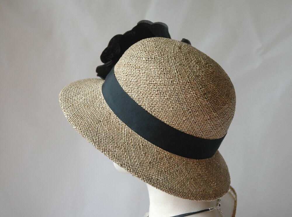 Ladies Straw Hat, Black Silk Rose Etsy