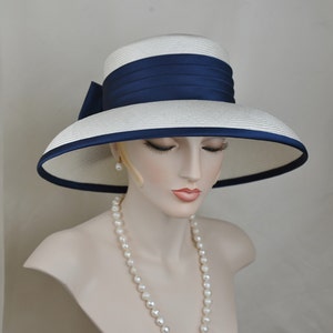 Ladies&#39; Elegant Navy Blue Silk Satin Straw Hat, Couture Hat, Designer Hat, Fashionable Hat, Formal Headwear
