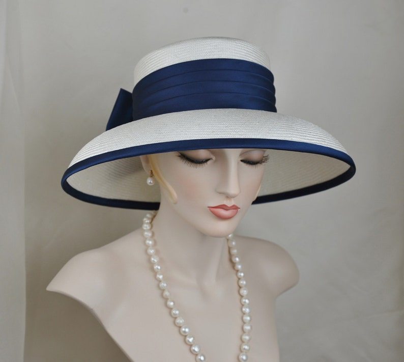 Ladies Elegant Navy Blue Silk Satin Straw Hat, Couture Hat, Designer Hat image 1