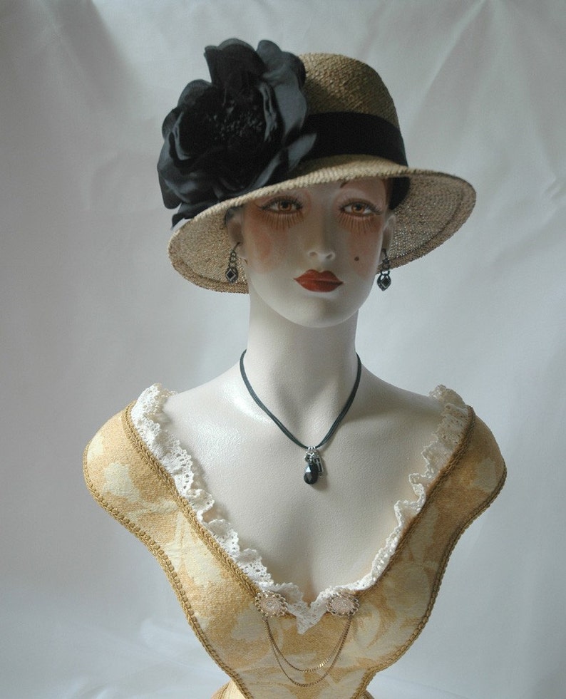 Ladies Straw Hat, Black Silk Rose image 2