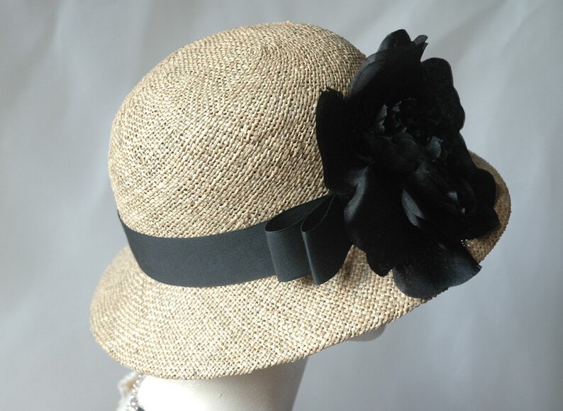 Ladies Straw Hat, Black Silk Rose image 4