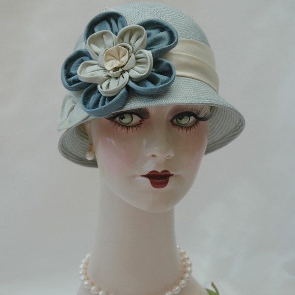 Ladies Straw 1920s Hat, Blue/Green Cloche, Handmade Flapper Hat