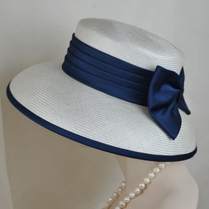 Ladies Elegant Navy Blue Silk Satin Straw Hat, Couture Hat, Designer Hat image 3