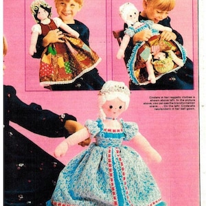 May include: A vintage image featuring a Cinderella doll in a blue gown with a white lace overlay and red trim. The doll has a white crown and pink arms. The image also shows a child holding rag dolls. Text: Cinders in her raggedy clothes is shown above left.