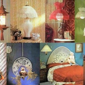 May include: A collection of vintage macrame lamps and home decor. Includes a hanging lantern, a table lamp, and several pendant lights in various colours and styles. Also features a macrame plant hanger and a decorative wall hanging.