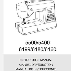 May include: Line drawing of a Singer sewing machine with model numbers 5500/5400 and 6199/6180/6160. The image also includes the text "INSTRUCTION MANUAL", "MANUEL D'INSTRUCTION", and "MANUAL DE INSTRUCCIONES".