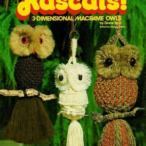 Peut inclure: Une couverture de livre d'artisanat vintage intitulée Rascals! 3-Dimensional Macrame Owls par Diane Best. La couverture présente trois ornements de hiboux en macramé suspendus en fil marron, blanc et multicolore, perchés sur des branches.