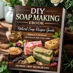 May include: A digital ebook titled DIY SOAP MAKING EBOOK Natural Soap Recipes Guide, featuring images of various handmade soap bars, herbs, and ingredients on a wooden surface, with text stating 150 PAGES | BEST SELLER ON ETSY.