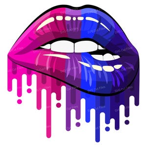 May include: A pair of lips with a dripping effect. The lips are painted in a pink, blue, and purple color scheme. The lips are open and show teeth.