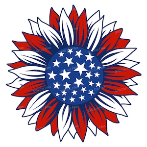 May include: A patriotic sunflower design in red, white, and blue. The centre has a blue circle with white stars, surrounded by red and white petals. The design is reminiscent of the American flag.