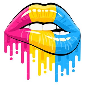May include: A pair of lips with dripping paint in pink, yellow, and blue colors. The lips are open and the teeth are visible.