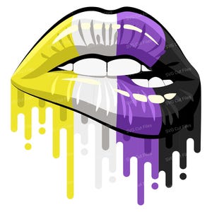 May include: A pair of lips with dripping paint in yellow, white, purple, and black colors. The colors represent the asexual pride flag.