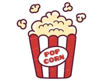Może przedstawiać: Kreskówka przedstawiająca pojemnik na popcorn. Czerwono-biały pojemnik w paski wypełniony jest puszystym, żółtym popcornem. Napis "POP CORN" jest w kolorze czerwonym na białym owalu. Kilka kawałków popcornu unosi się nad pojemnikiem.