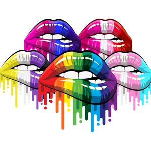 Puede incluir: Ilustración gráfica de cinco pares de labios, cada uno pintado con un esquema de color diferente inspirado en el arcoíris. Los labios gotean pintura, creando un diseño vibrante y colorido sobre un fondo blanco.